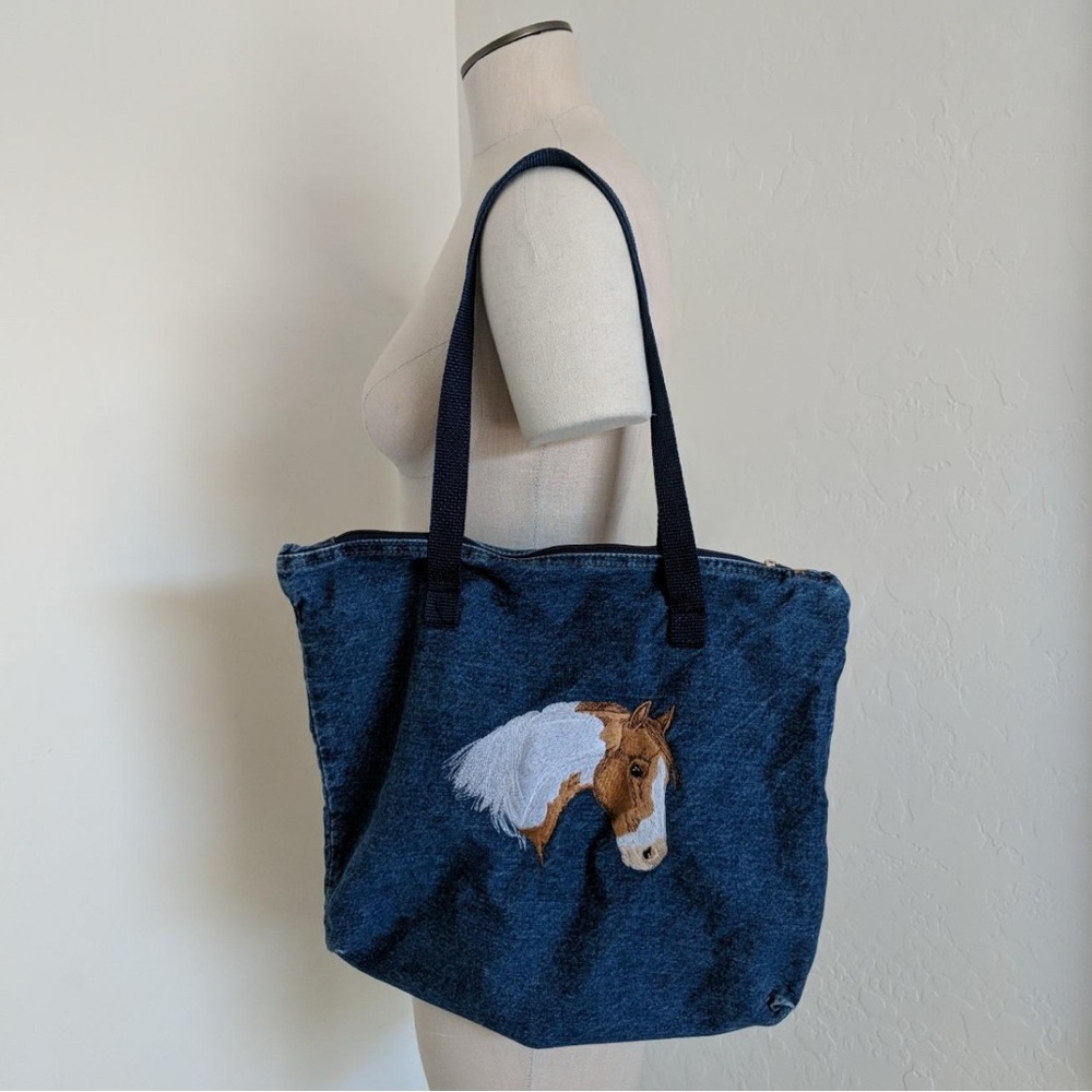 Blue Denim Tote Bag with Horse Embroidery